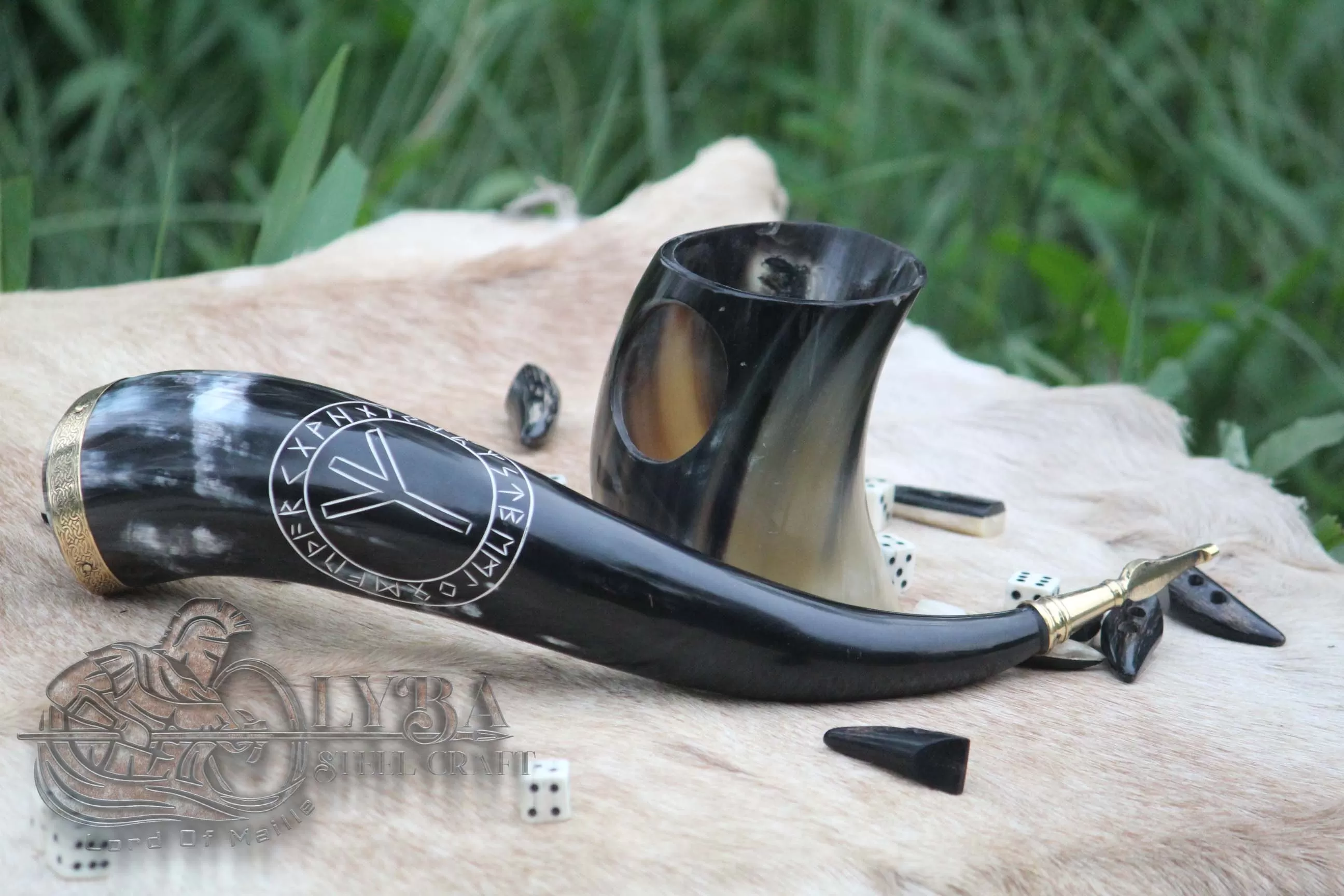 Algiz Protection Rune Drinking Horn With Brass Decoration Genuine Ox Horn Viking Cup Mug Norse LARP, wedding gift