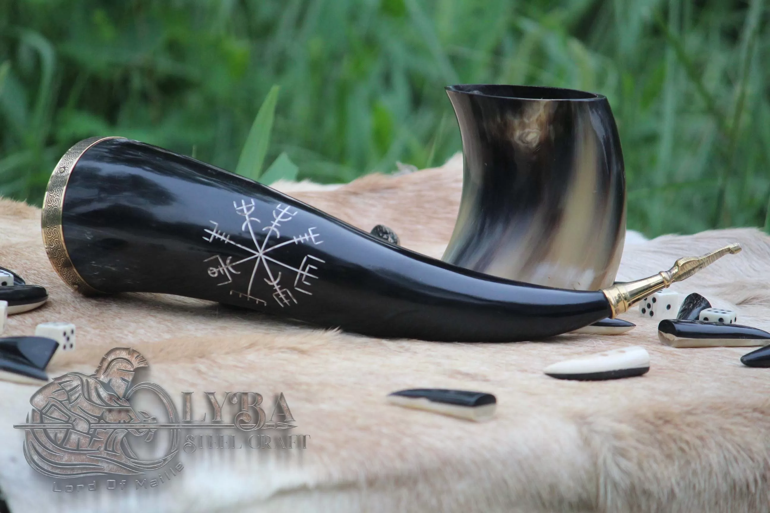 Medieval Viking Drinking Horn Genuine Ox Horn with Engraved Vegvisir Viking Cup Mug Norse LARP 