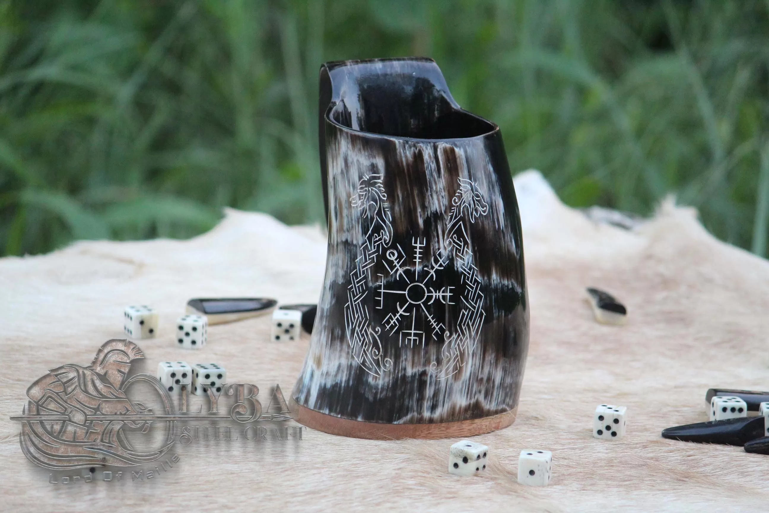 Medieval Viking Horn Vegvisir Tankard Beer Mug Handcrafted Genuine Ox Horn