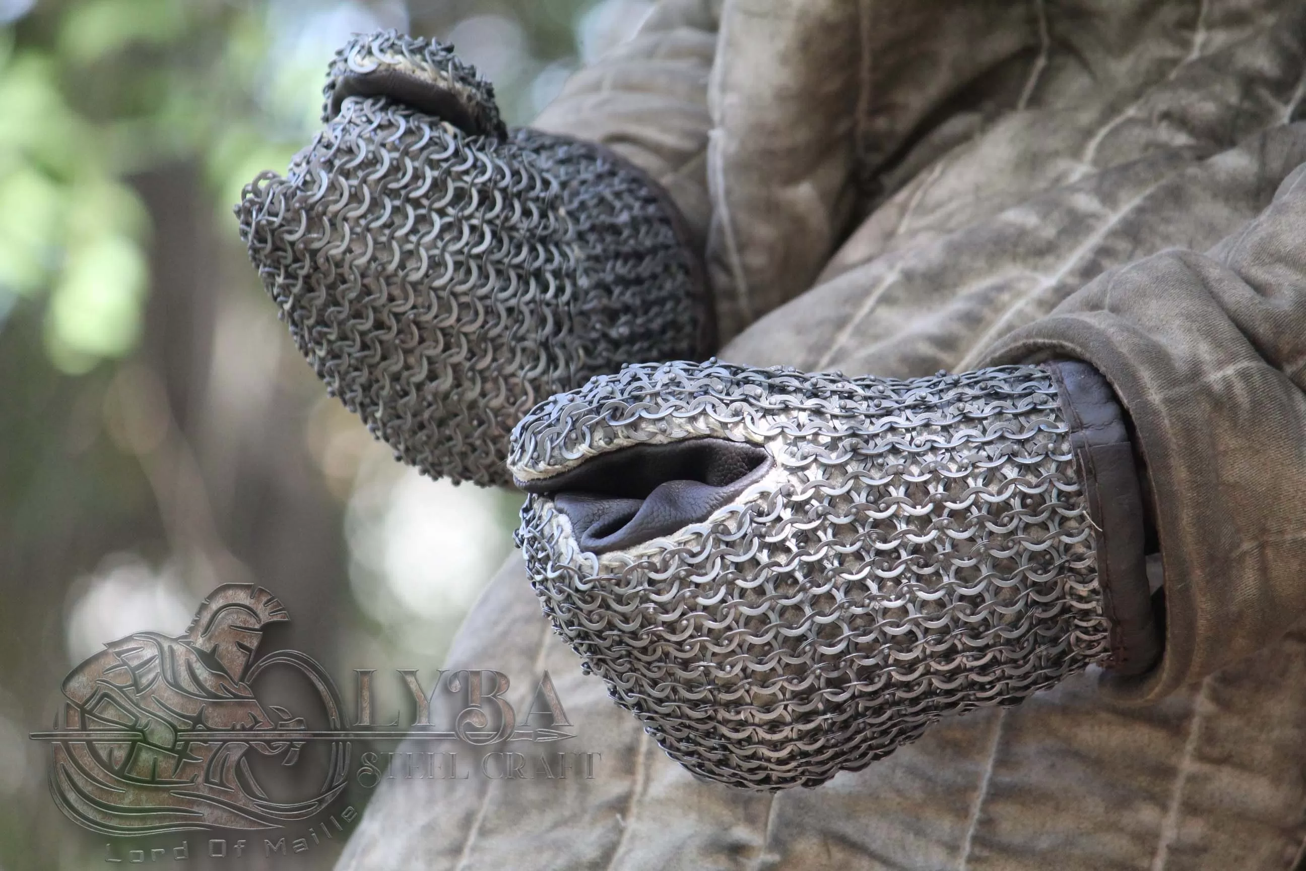 Chainmail Mittens padded viking, reenactment, larp, medieval gloves battle gloves, Brown leather 