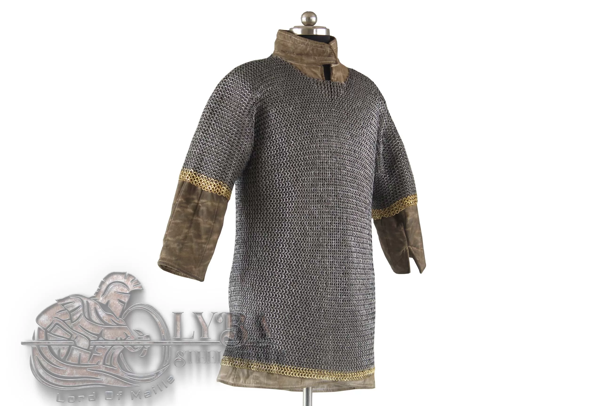 Wedge Rivet Chainmail Haubergeon: Medieval Armor Shirt, Brass Edges
